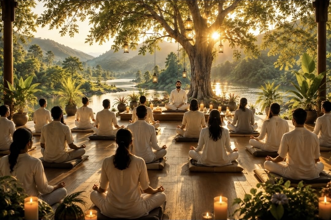Silence &amp; Sadhana — a group seated in meditation at sunrise in a riverside pavilion, guided from beneath a peepal tree