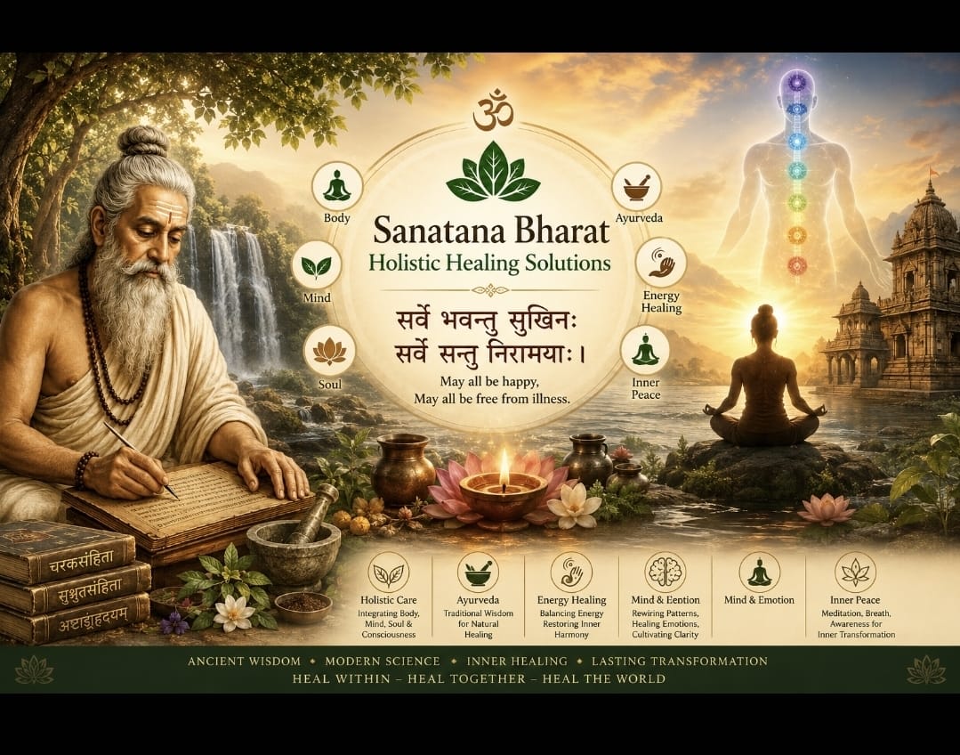 Sanatana Bharat Holistic Healing Solutions — Body, Mind and Soul alongside Ayurveda, Energy Healing and Inner Peace, around the shloka सर्वे भवन्तु सुखीना सर्वे संतु निरामया